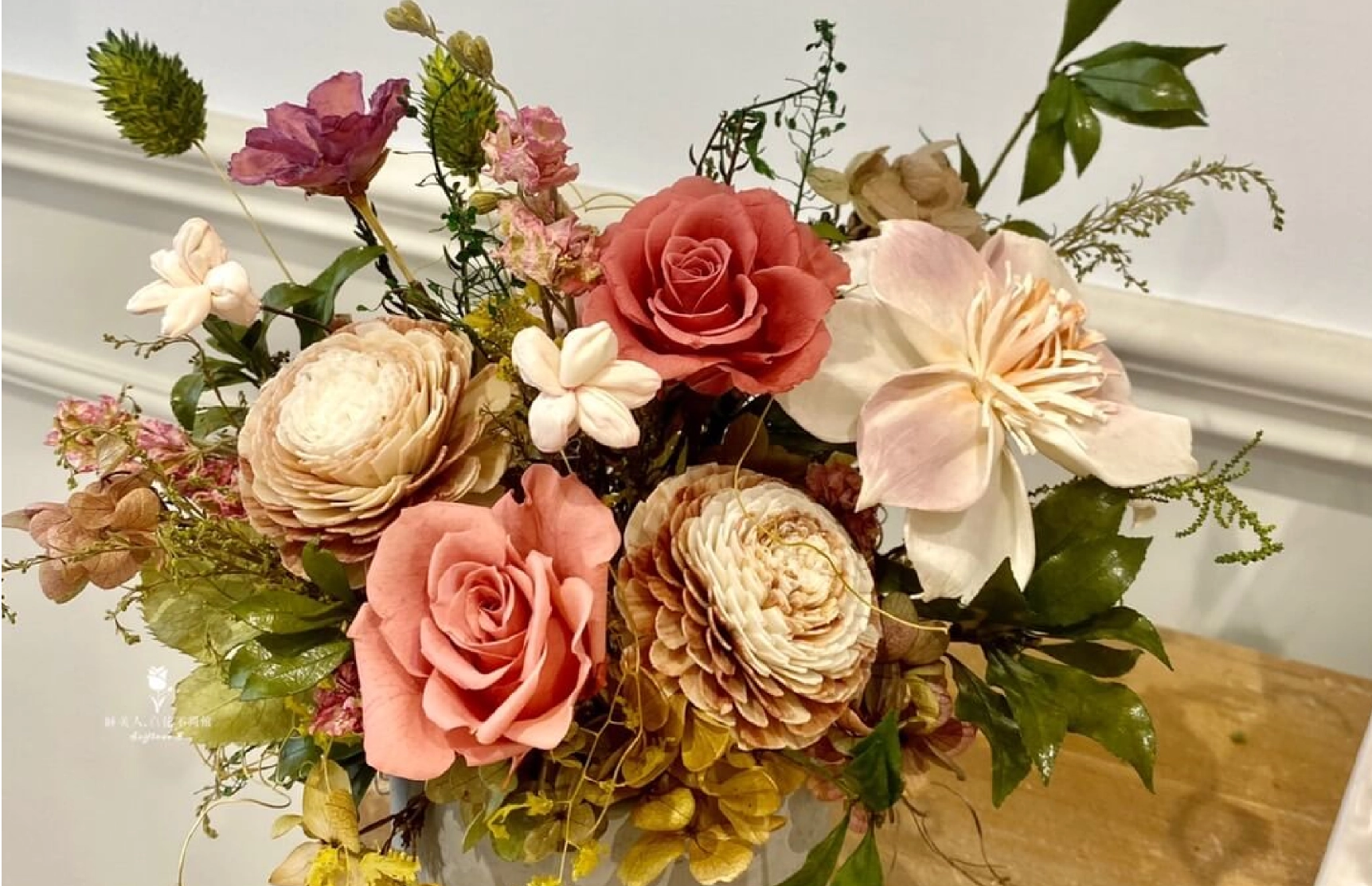 睡美人粉橘色系永生花盆花作品